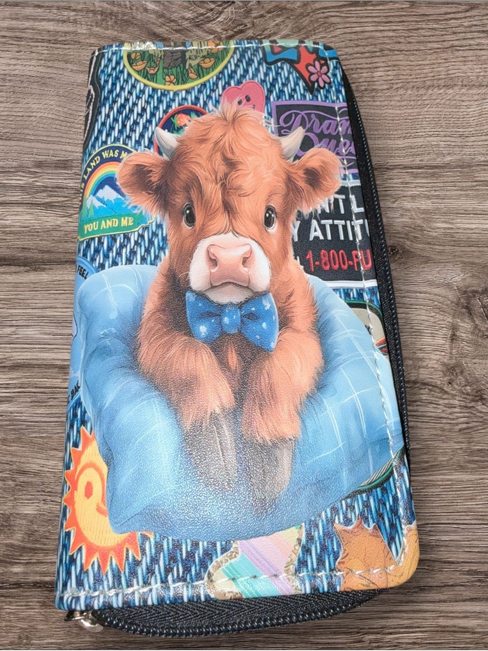 Adorable Blue Highland Cow Wallet - Cute Bow Tie Design New